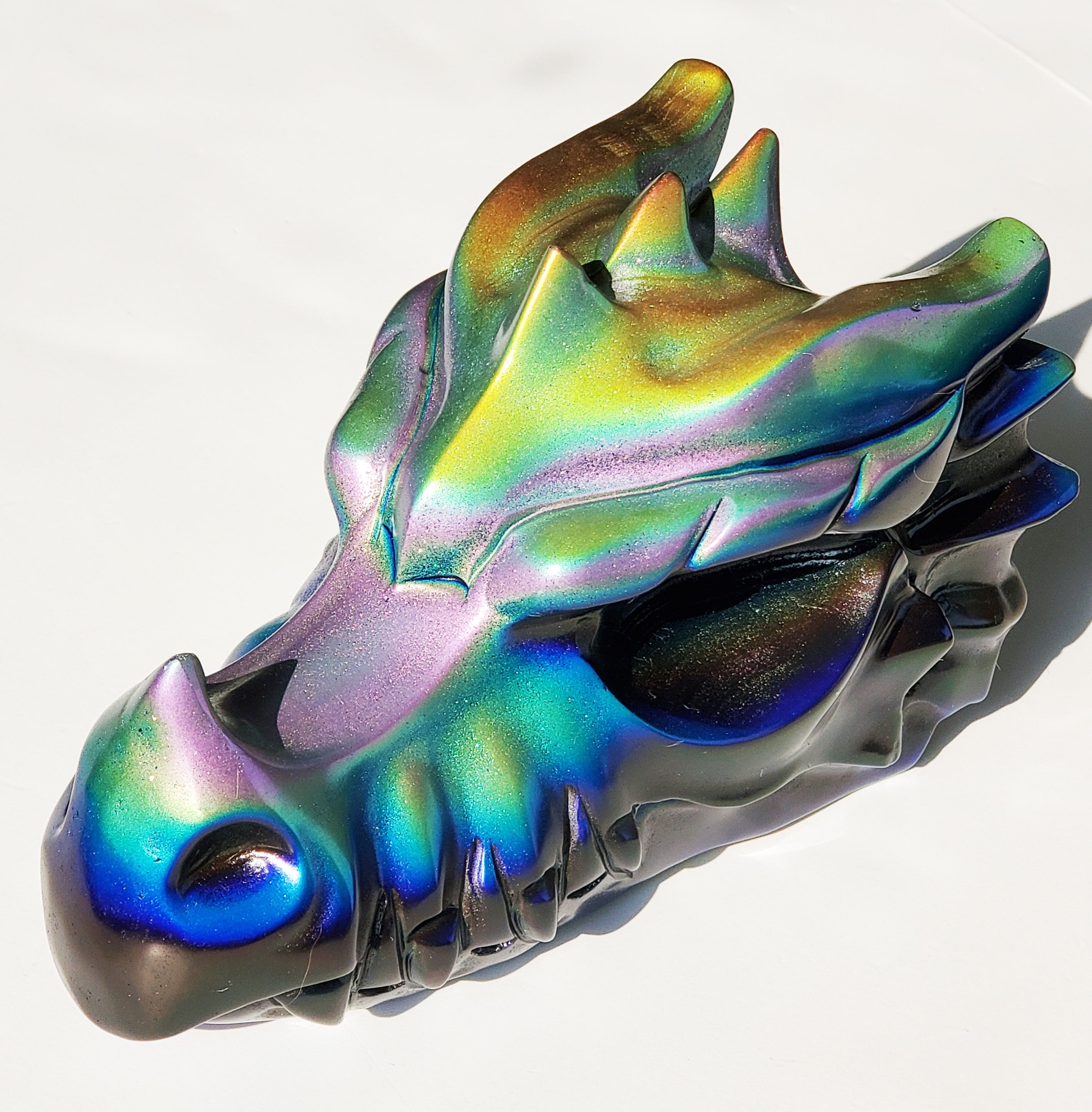 Large Rainbow Aura Dragon Crystal Skull Obsidian