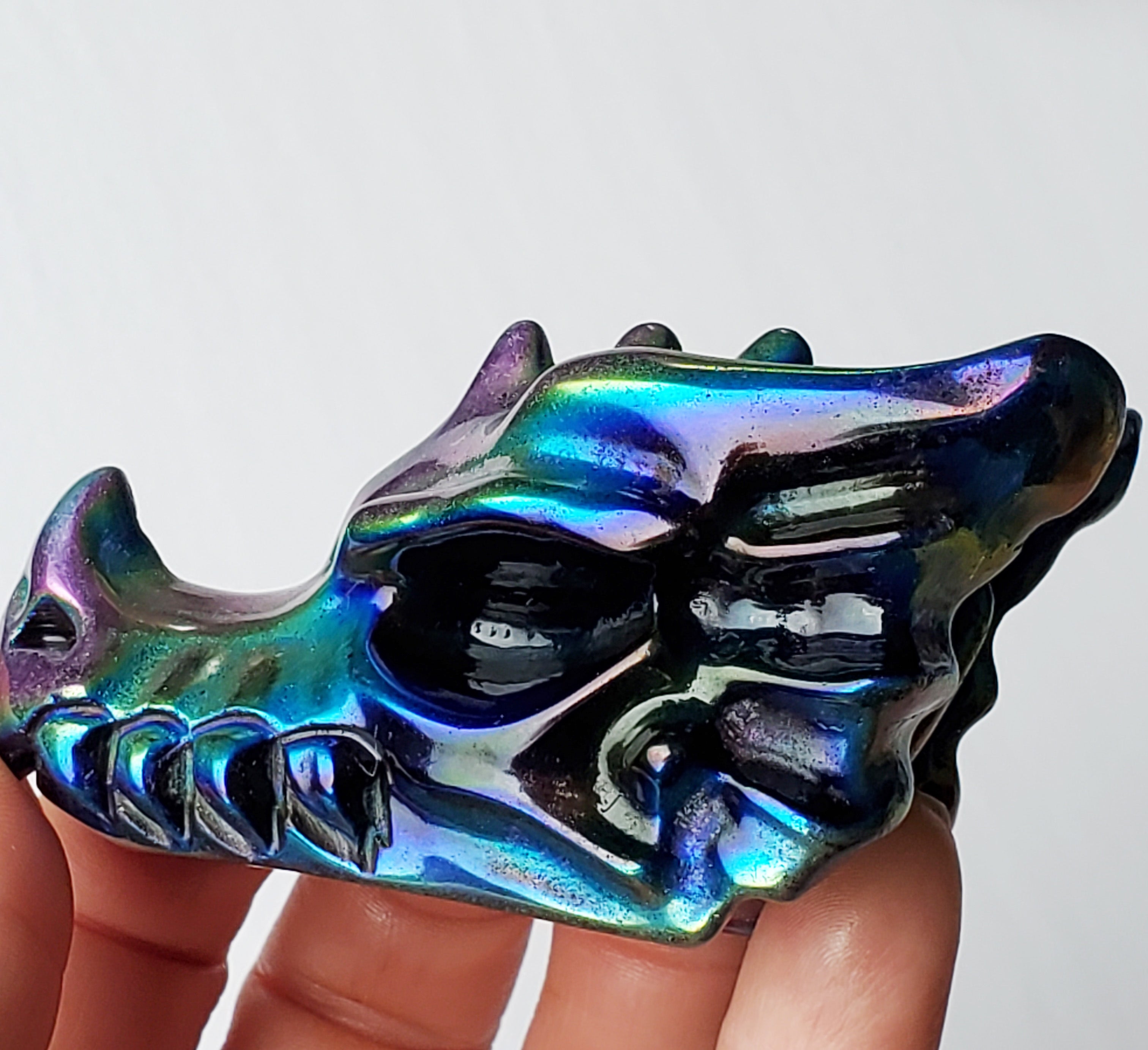 Black Obsidian Aura Crystal Dragon Skull