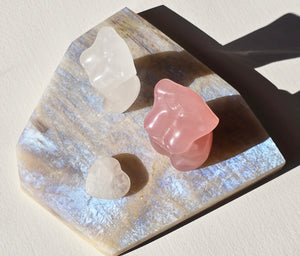 Moonstone slice with Crystal Goddess Statues