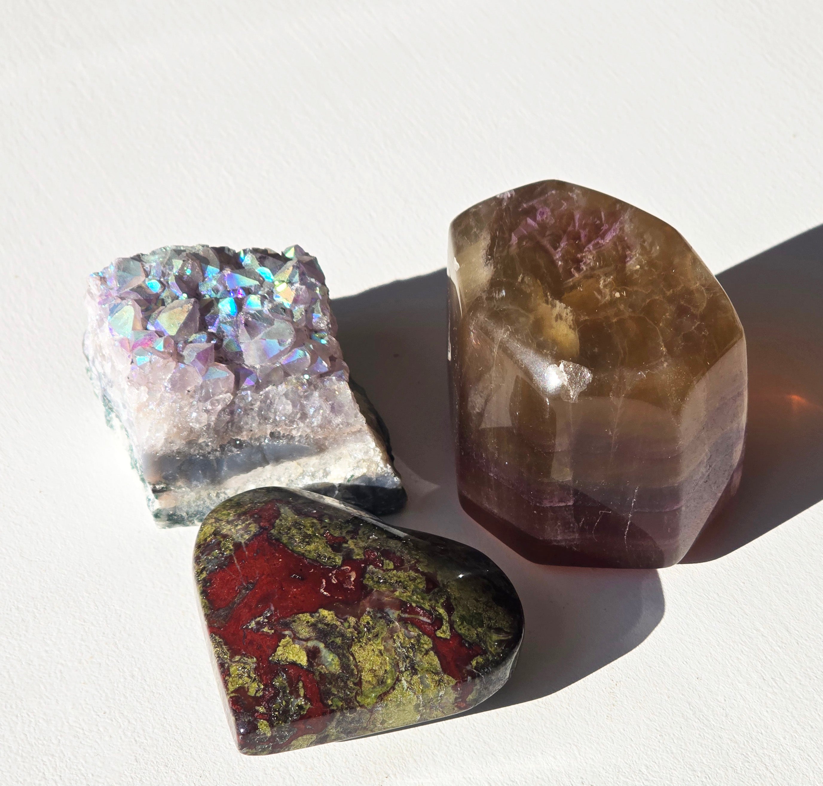 Aura Quartz, Yellow Fluorite, Dragon Blood Jasper gemstone heart set