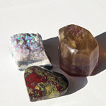 Aura Quartz, Yellow Fluorite, Dragon Blood Jasper gemstone heart set