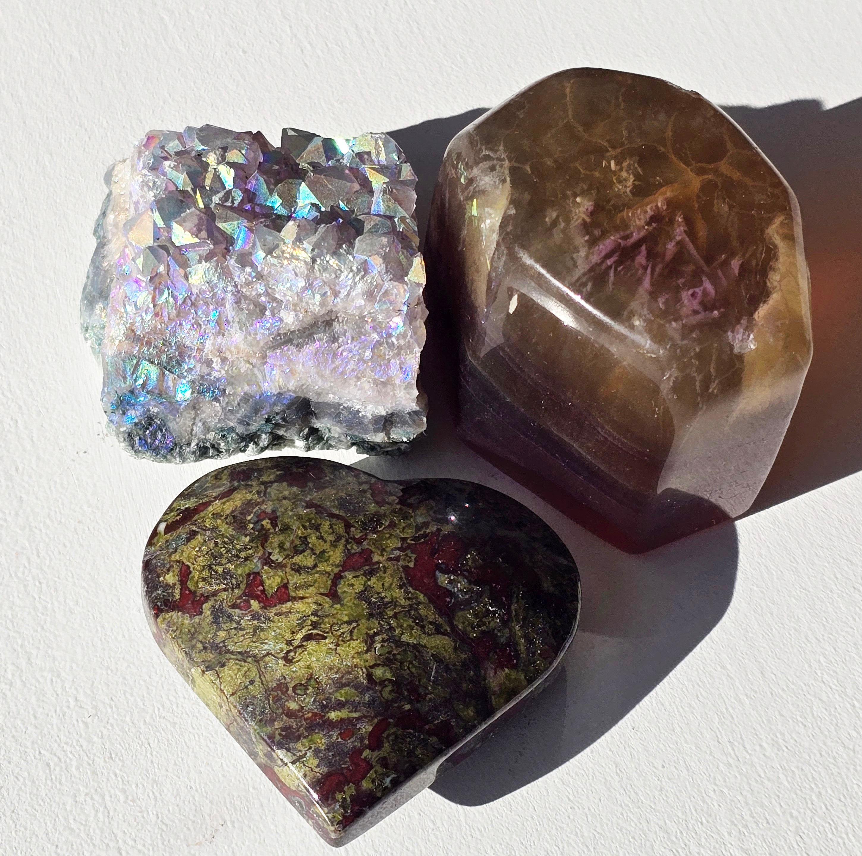 Aura Quartz, Yellow Fluorite, Dragon Blood Jasper gemstone heart set