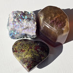 Aura Quartz, Yellow Fluorite, Dragon Blood Jasper gemstone heart set