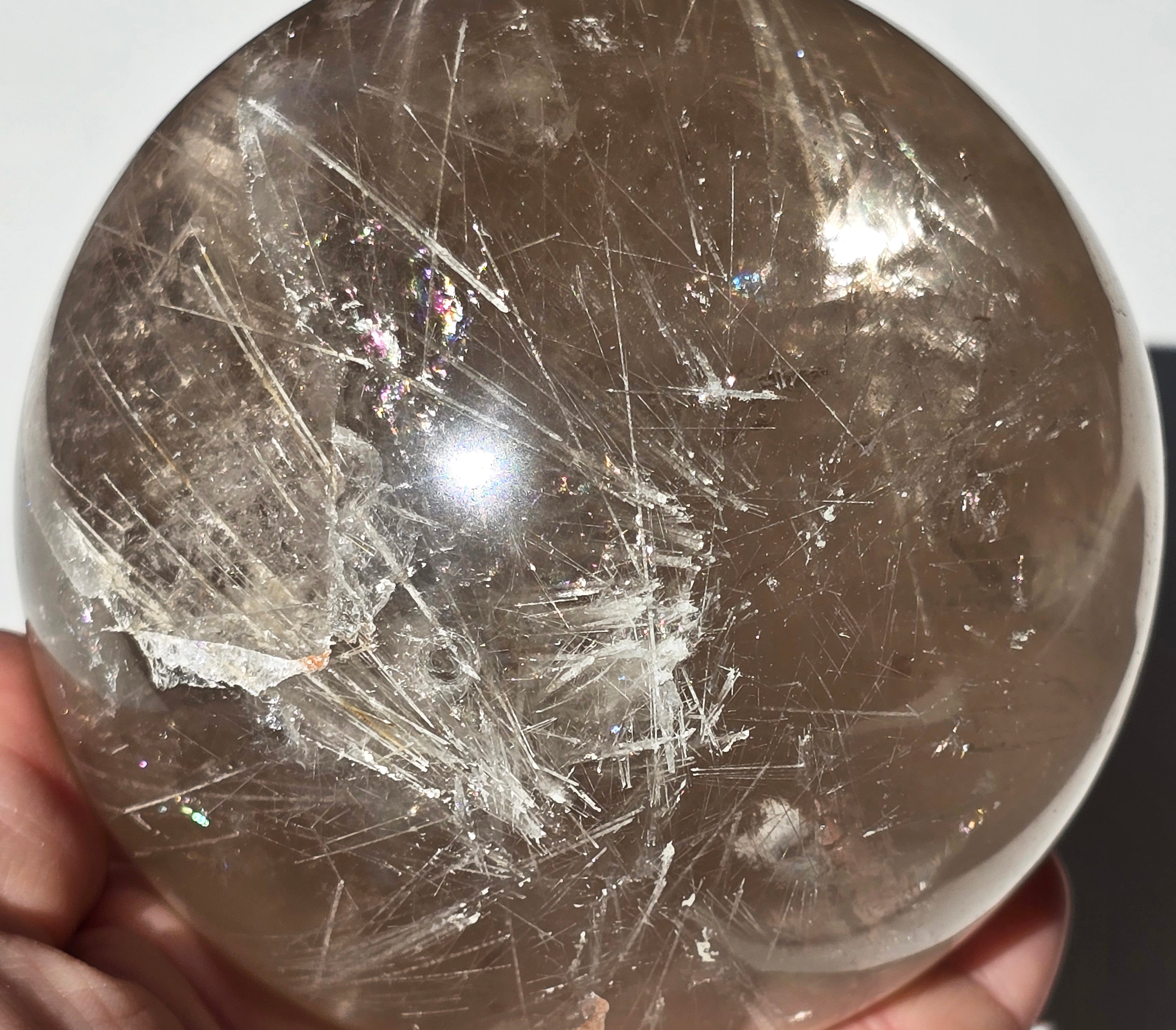 Smoky Quartz Sphere with rainbow inclusions