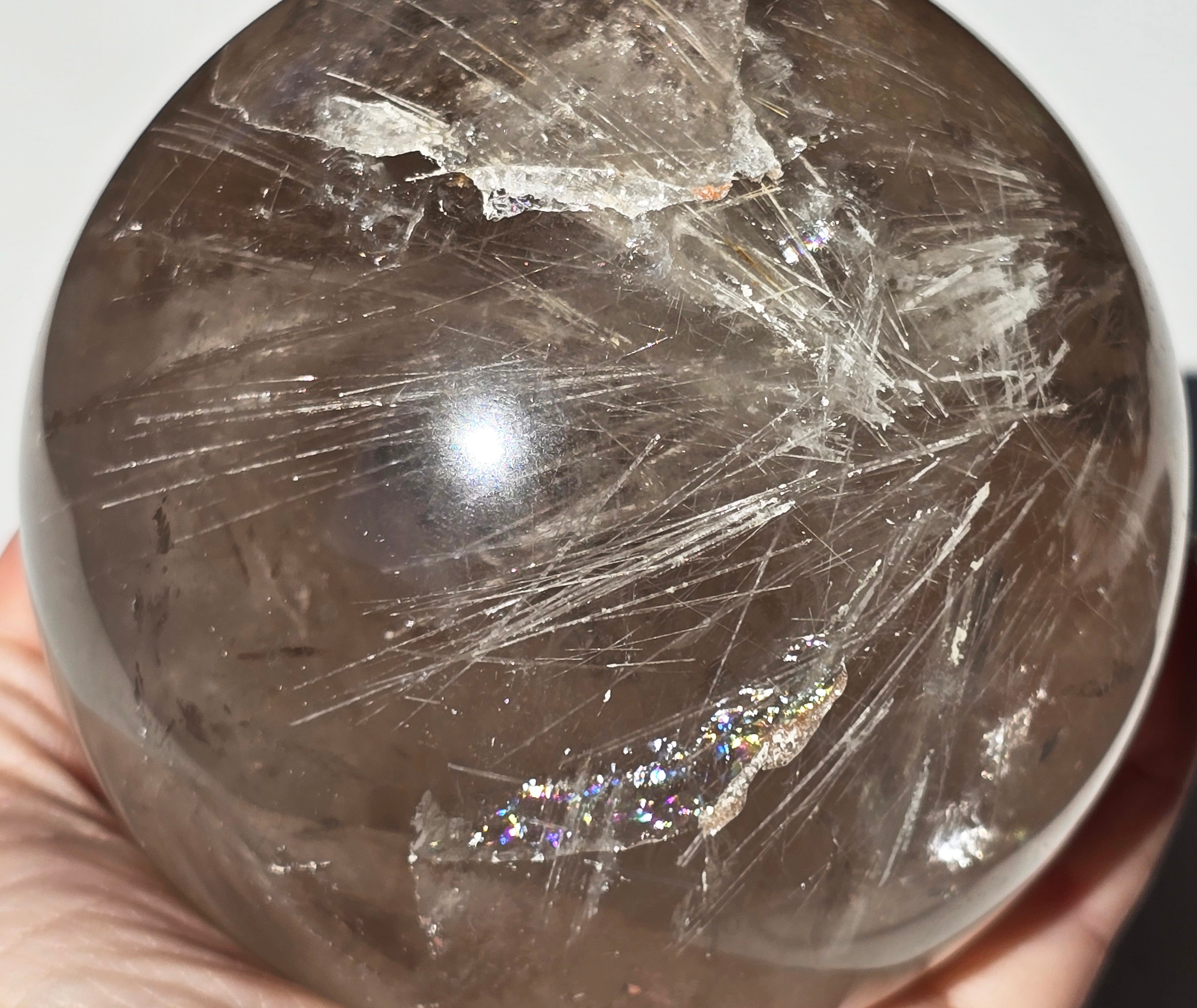 Smoky Quartz Sphere with rainbow inclusions