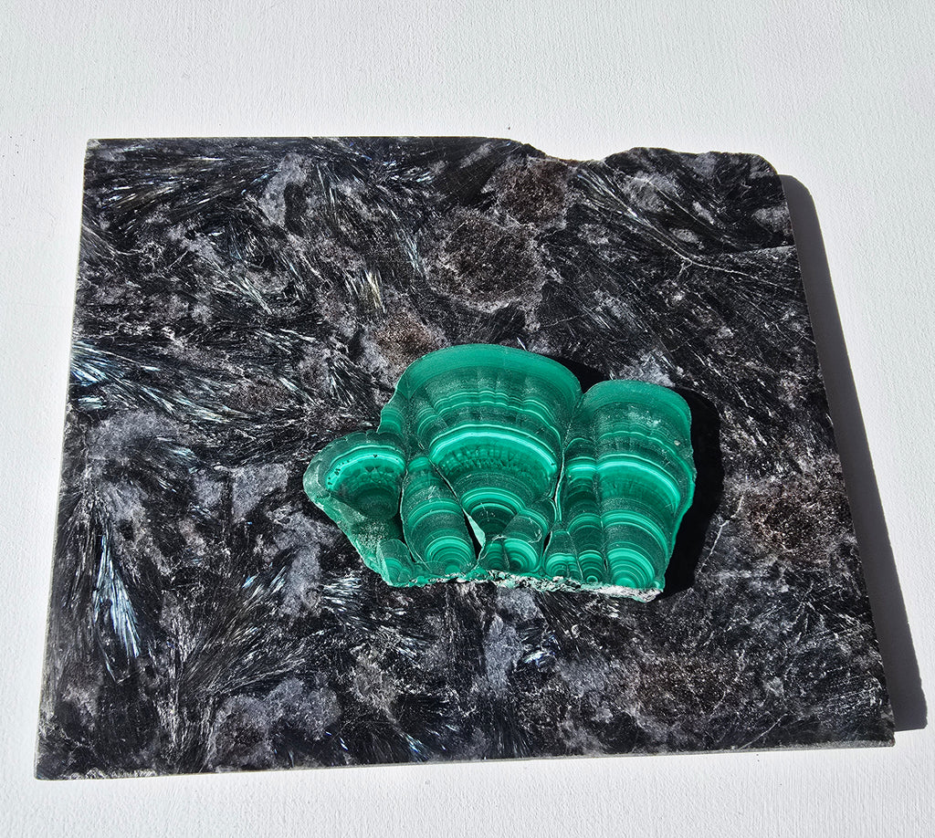 Arfvedsonite plate with a malachite slice