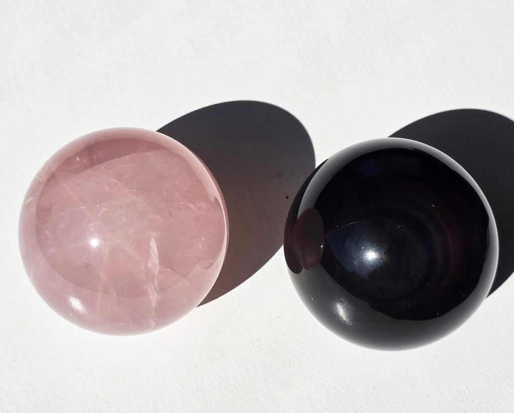 Asteriated Rose Quartz, Rainbow Obsidian Spheres Set of 2