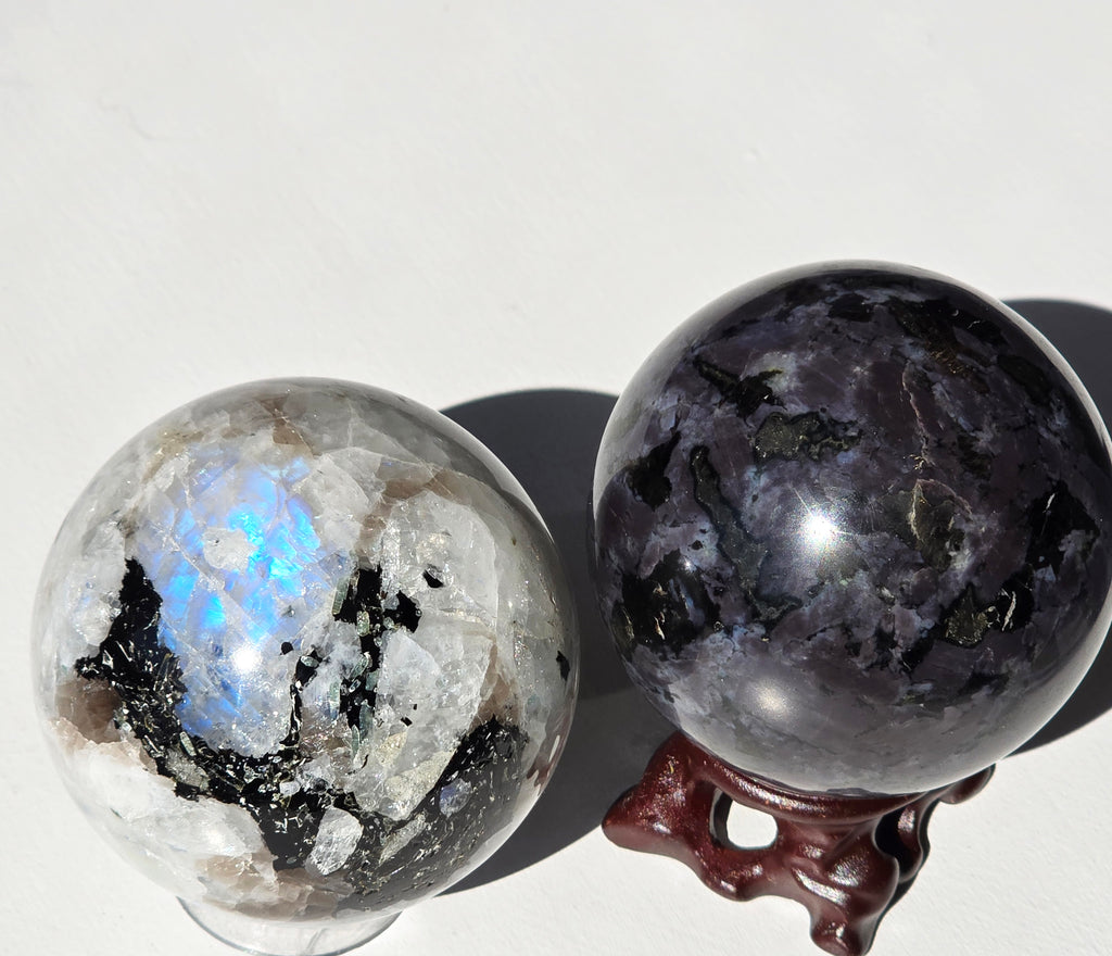 Moonstoone, Indigo Gabbro set of 2 spheres