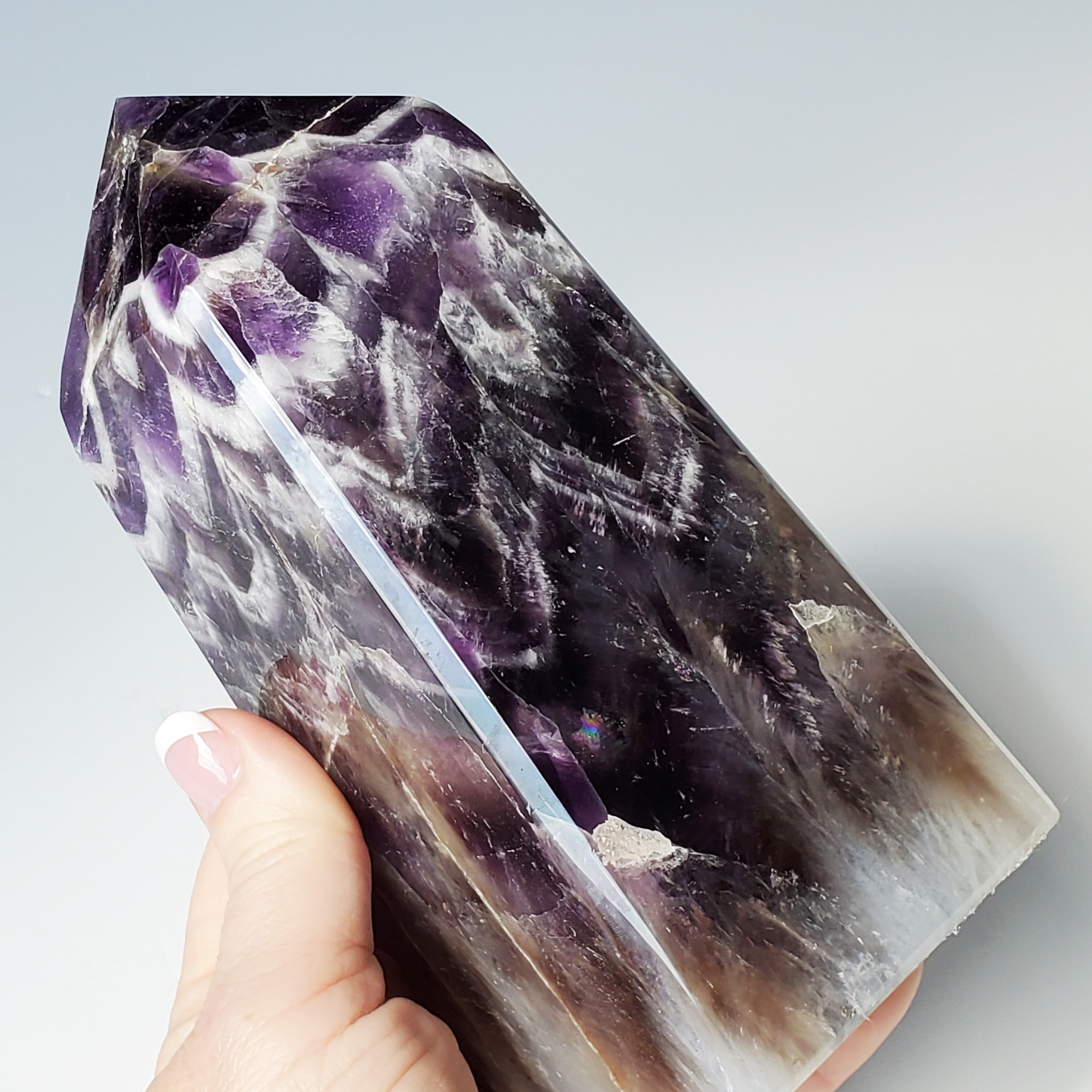 LARGE Chevron Amethyst Tower with rainbow inclusion