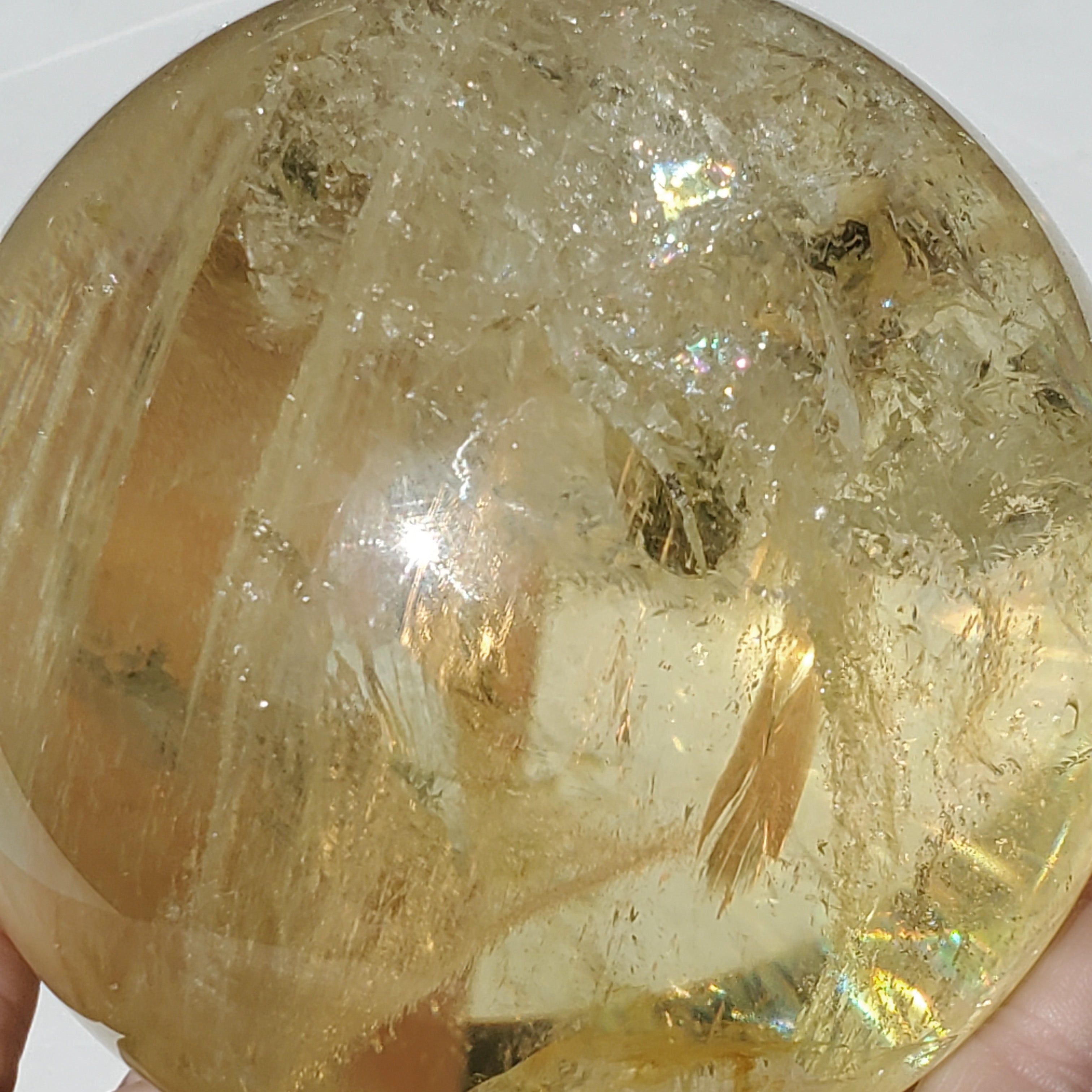 LARGE Citrine Sphere with rainbow inclusions 91 mm