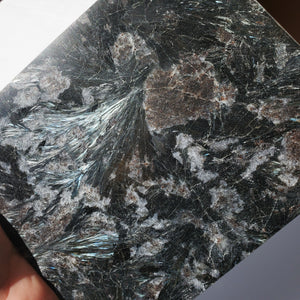 Flashy Arfvedsonite stone with garnet mineral slab / plate