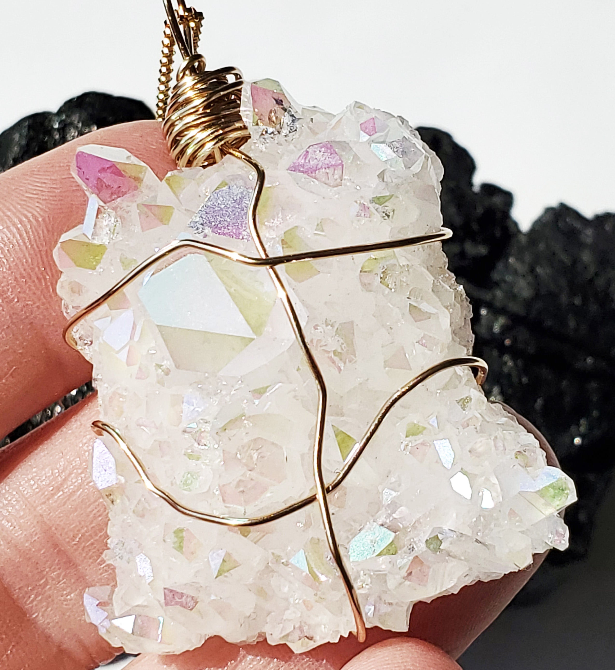 Angel Aura Quartz Necklace with Gold Filled Wire