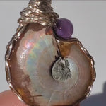 Flashy Ammonite necklace adorned with an amethyst bead